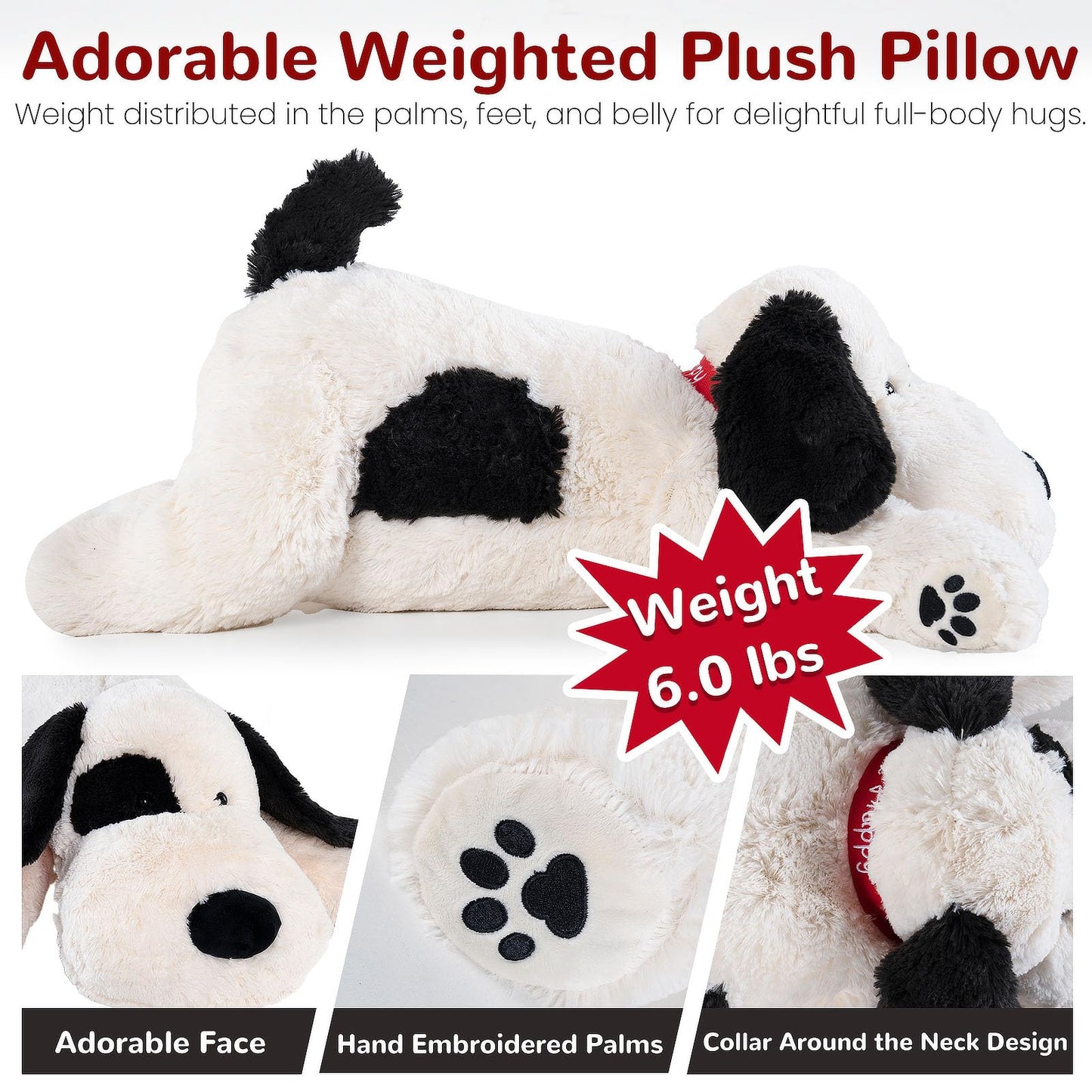 Meowtastic Black & White Dog Weighted Stuffed Animals - 28 Inch 5.0 Pounds Weighted Plush Dog Stuffed Animals - Large Stuffed Dog Plush Pillow - Cute Plush Toys Gifts For Kids & Adults (28' 5.0 Lbs)