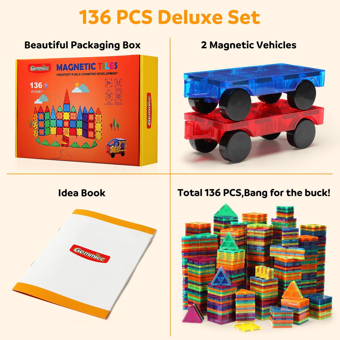 Gemmicc Magnetic Tiles, Deluxe 136 Pcs Building Blocks Magnet Toys For Kids,3D Magnet Puzzles Stacking Blocks For Boys Girls,Huge Set With 2 Cars