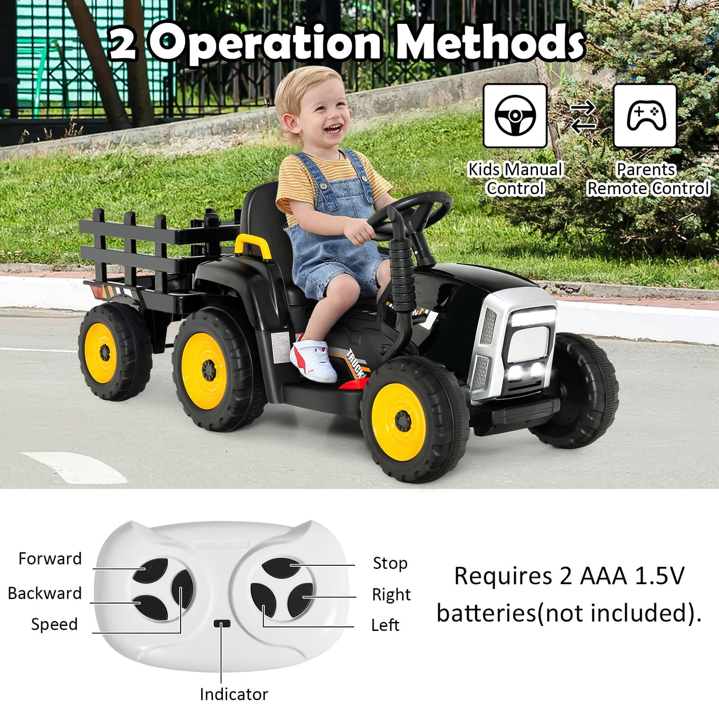 HONEY JOY Ride On Tractor with Trailer, 12V Electric Vehicle for Kids, 3-Gear-Shift Ground Loader, LED Lights, Horn, Music, Batt