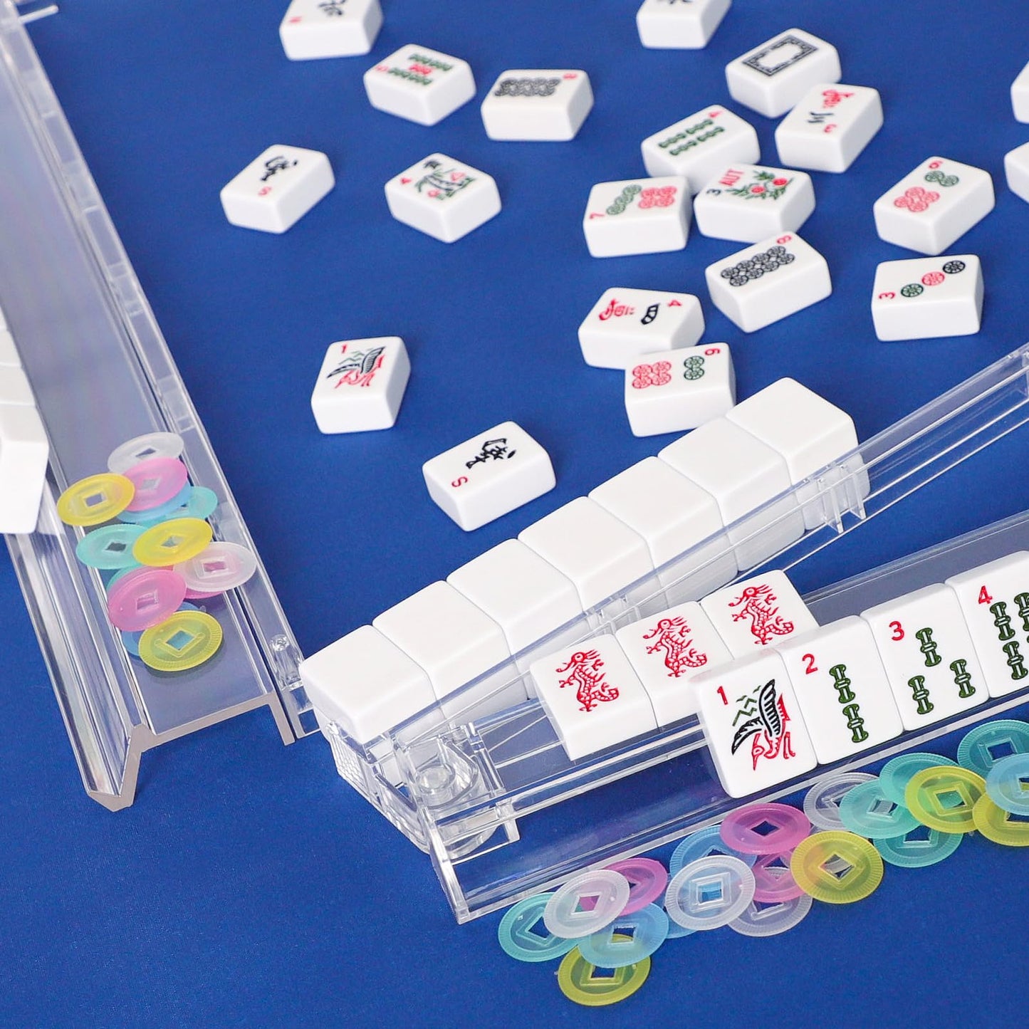 Gustaria Mahjong All-In-One Tile Rack & Pusher, Clear Acrylic Mahjong Rack And Pusher Combo, Modern American Majiang Tile Racks, Set Of 4, White