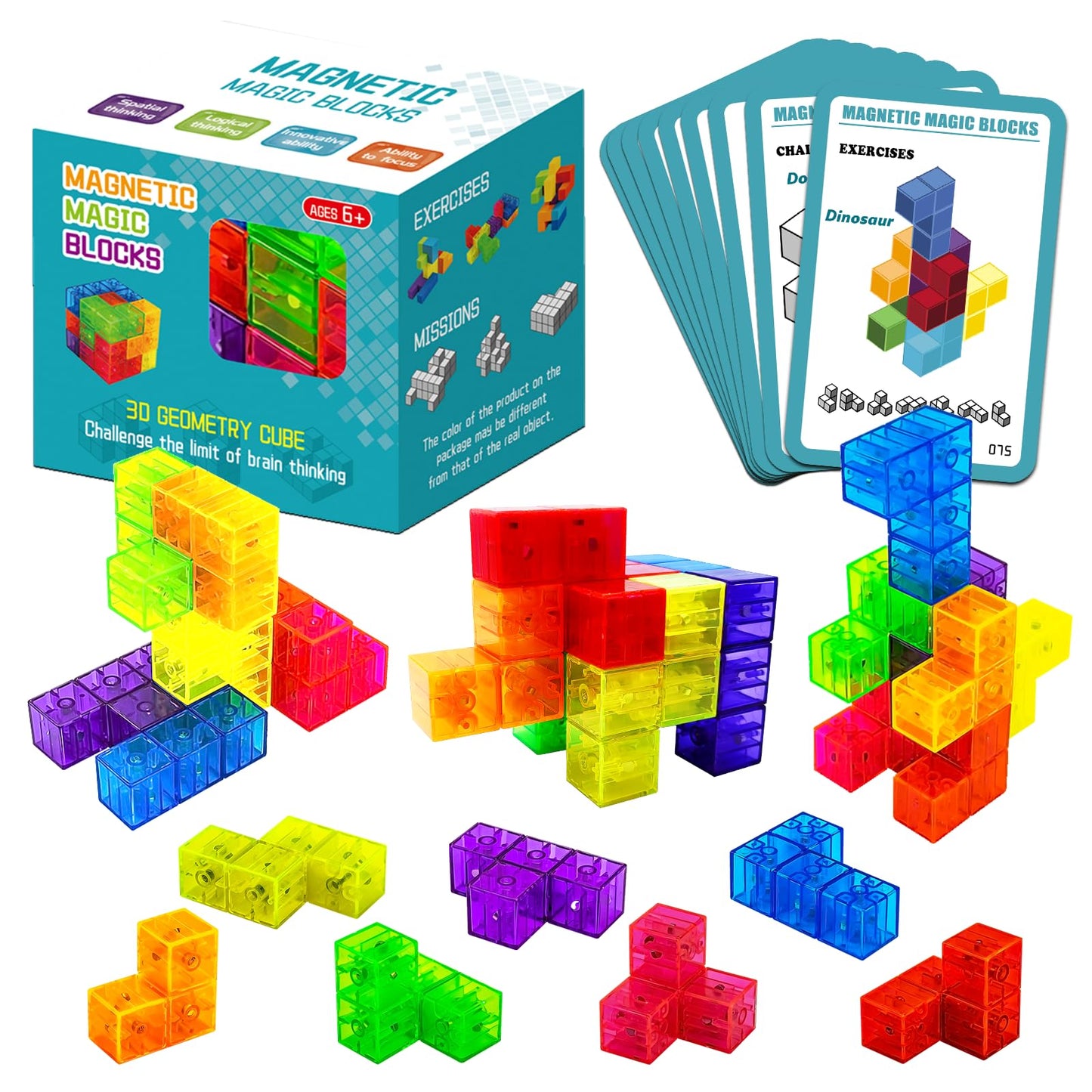 Coskehan Magnetic Building Blocks, Stem Magic Magnetic 3D Puzzle Cubes, 7 Pcs Preschool Multi Shapes Magnetic Toys With 54 Cards