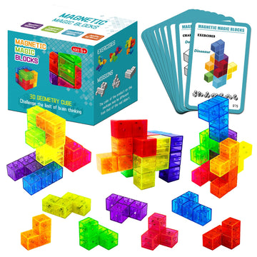 Coskehan Magnetic Building Blocks, Stem Magic Magnetic 3D Puzzle Cubes, 7 Pcs Preschool Multi Shapes Magnetic Toys With 54 Cards