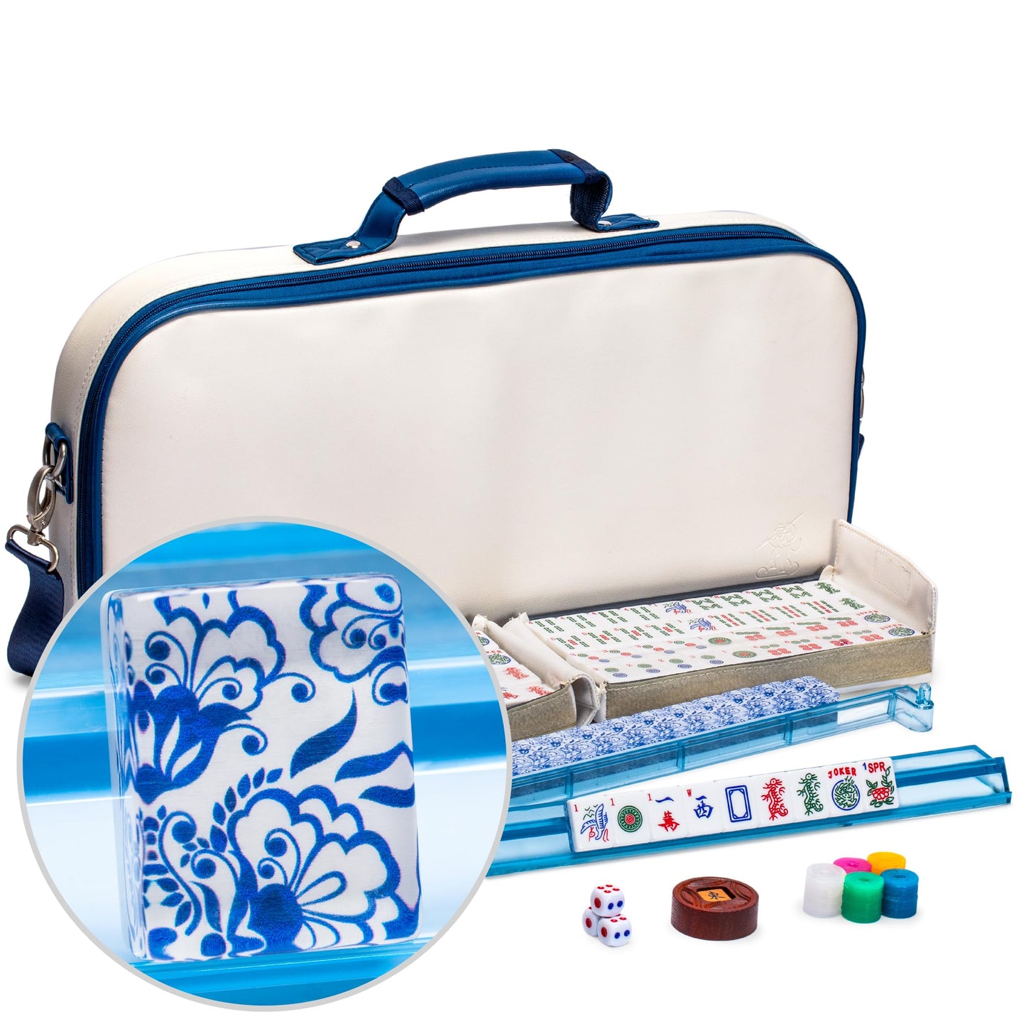 Yellow Mountain Imports American Mahjong Set, Chinoise With Soft Leatherette Case - Racks With Pushers, Scoring Coins, Dice, And Wind Indicator