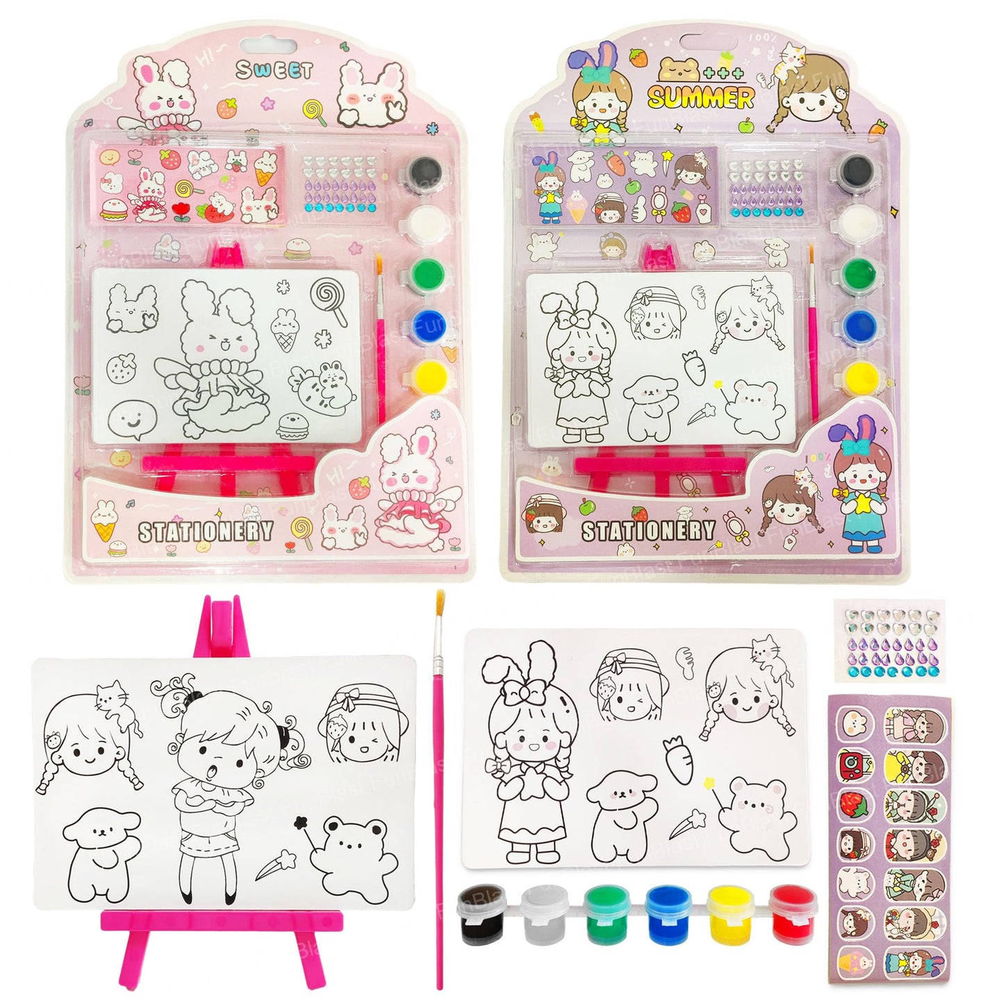 Funblast Coloring Board Set For Kids  Pack Of 2 PrePrinted Painting Kit With Water Color & Brush & Stickers, Diy Coloring Boar