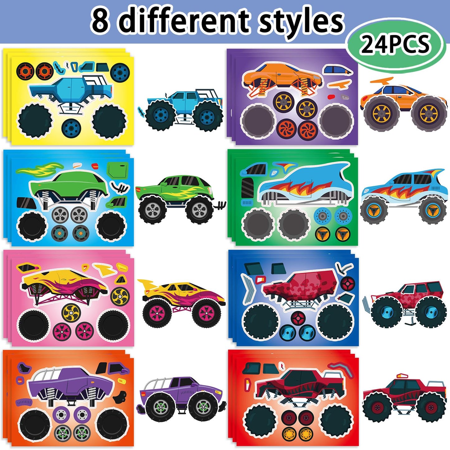 24 Sheets 8.3''  5.9'' Make Your Own Monster Truck Stickers For Toddlers Kids Party Favors, Make A Face Stickers For Kids Activi