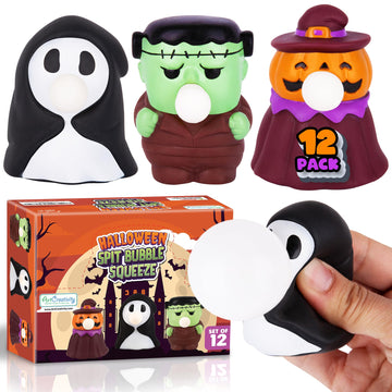 Artcreativity Halloween Spit Bubble Squeeze Toys - Set Of 12 Halloween Squeeze Toys - Squishy Halloween Stress Toys That Blow Bubbles When Squeezed - Non-Candy Halloween Goodie Bag Stuffers For Kids