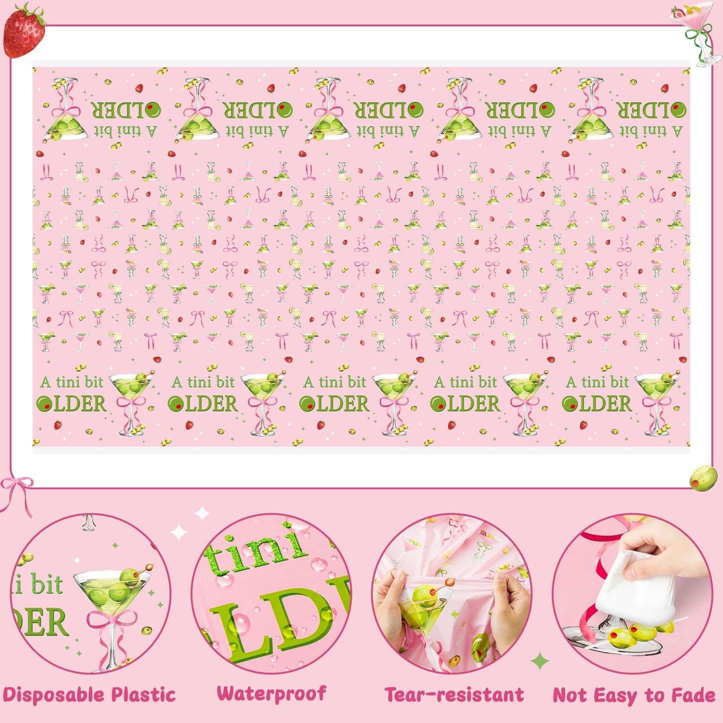 Pink Green Martini Party Tablecloths - 3Pcs A Tini Bit Older Birthday Table Covers, Martini Bow Themed Party Decoration Plastic