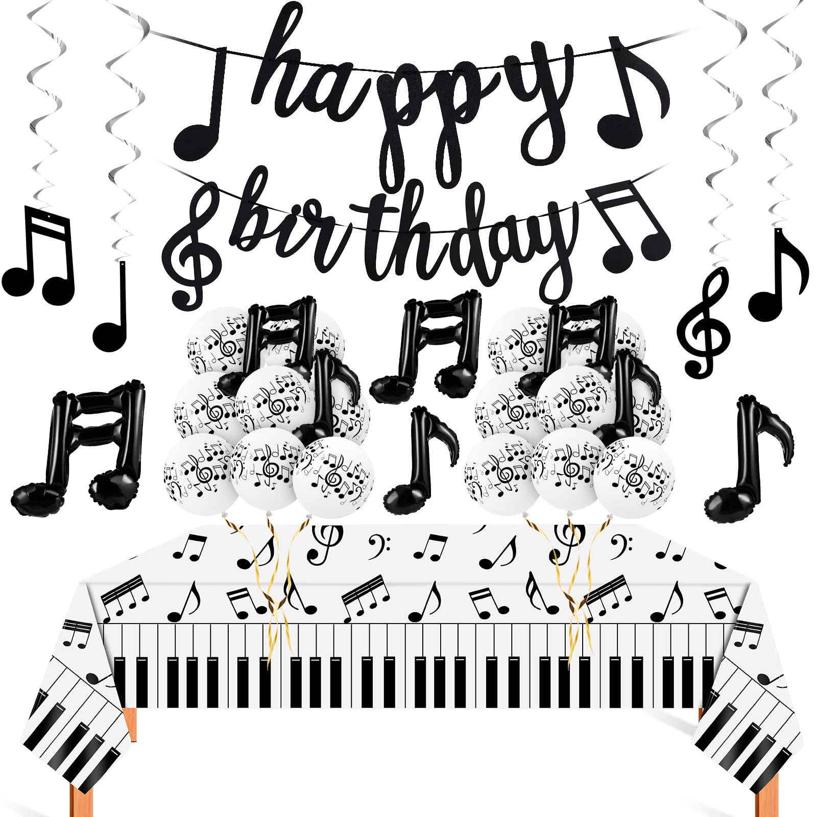 Civaner 40 Pieces Music Theme Party Decorations Set Include Music Latex Foil Balloons Note Hanging Swirls Happy Birthday Banner 