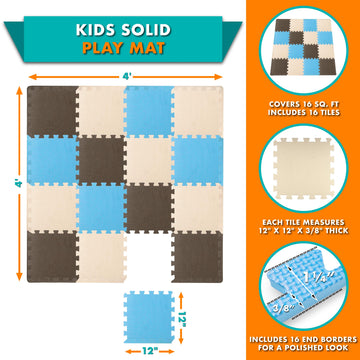 Prosource Foam Puzzle Floor Play Mat For Kids And Babies With Solid Colors, 36 Or 16 Interlocking Tiles With Borders, Blue/Brown/Beige