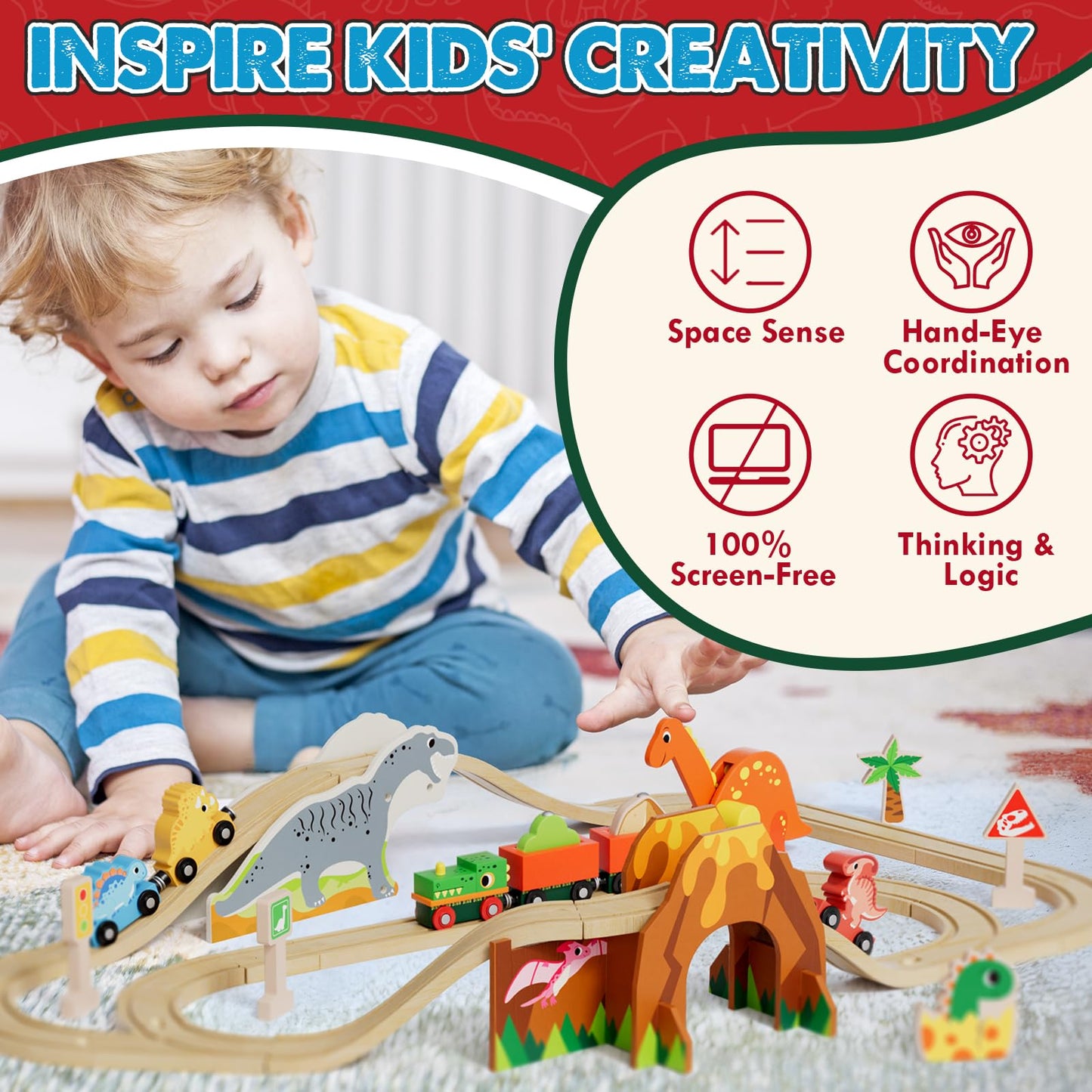 Lehoo Castle Wooden Train Set, Dinosaur Wooden Train Track Set, Wood Toy Train Set For Toddlers 2-4, Train Toys For Toddlers 3-5, Fits Thomas, Fits Brio, Fits Melissa And Doug