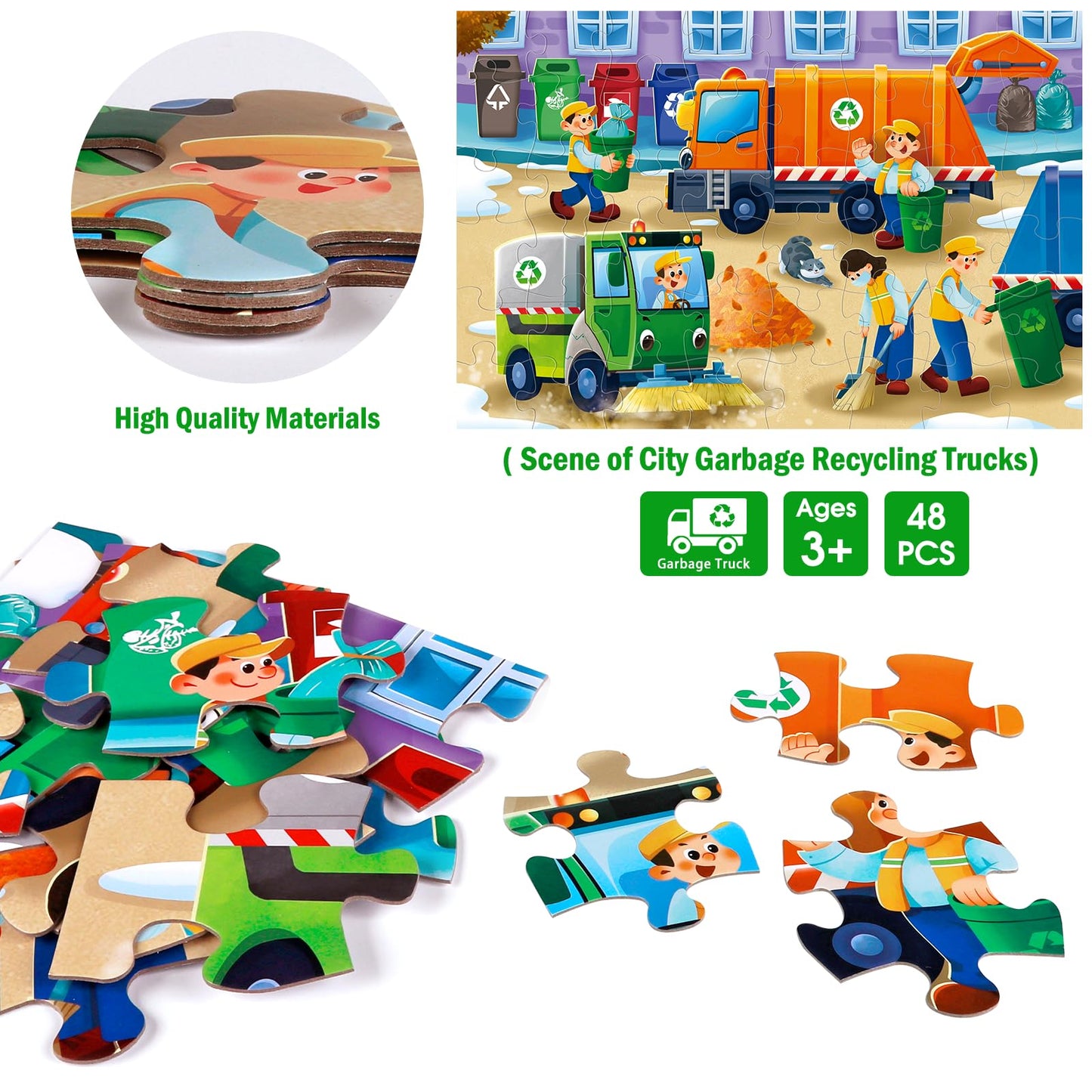 Jumbo Floor Puzzle For Kids,Recycling Garbage Truck Jigsaw Large Puzzles,48 Piece Trash Truck Vehicle Puzzle For Toddler Ages 3-5,Children Learning Preschool Educational Toys,Gift For 4-8 Years Old