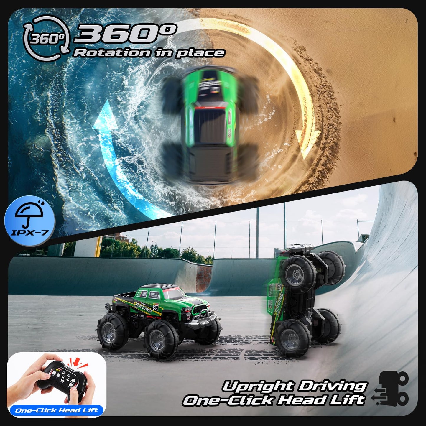 DEERC BG028 Amphibious RC Truck/Boat, Waterproof 4WD, 40mins Playtime, Green, 8.27"x6.89"x4.9", ABS Material