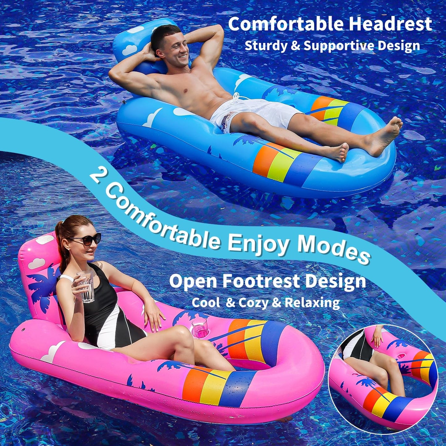 SEETOHOME 2 Pack Pool Floats mature-themed Heavy Duty-mature-themed Pool Float Lounger with Cup Holders  Backrest & Footrest Pool Lounge Float Pool Floaties Rafts for Beach Lake Party(Light Blue-Pink)