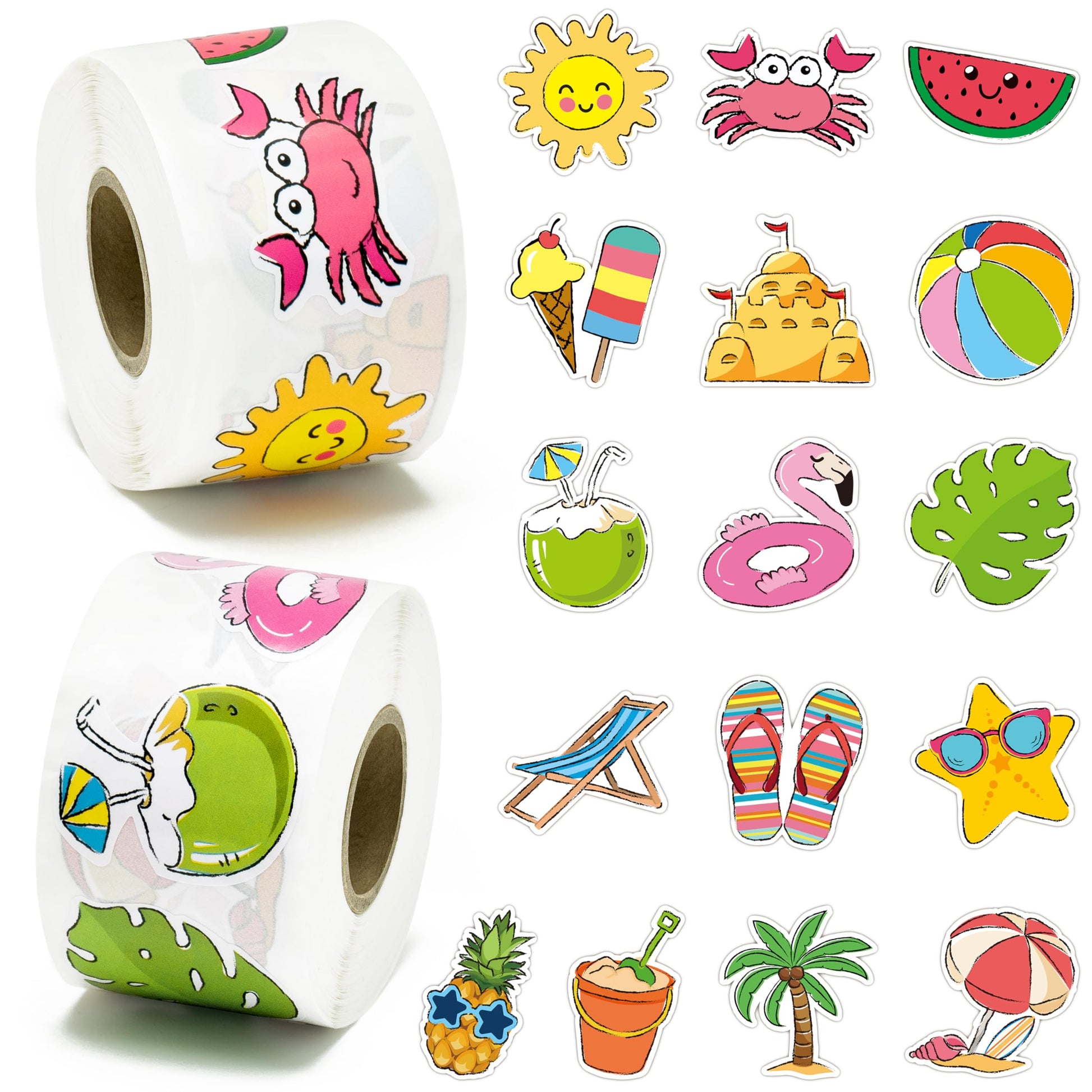 Beyumi Summer Beach Roll Stickers - 1000Pcs Summer Beach Stickers In 2 Rolls Waterproof Vinyl Cute Drawing Style Decals For Phone Laptop Water Bottle Notebook Luggage Computer Envelope Decor For Kids