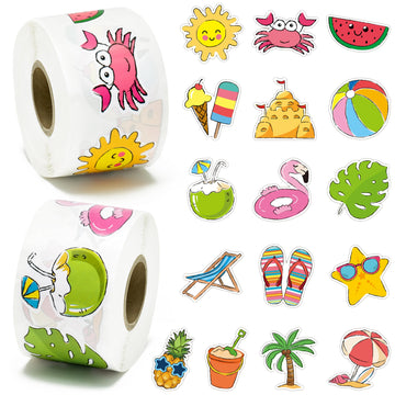Beyumi Summer Beach Roll Stickers - 1000Pcs Summer Beach Stickers In 2 Rolls Waterproof Vinyl Cute Drawing Style Decals For Phone Laptop Water Bottle Notebook Luggage Computer Envelope Decor For Kids