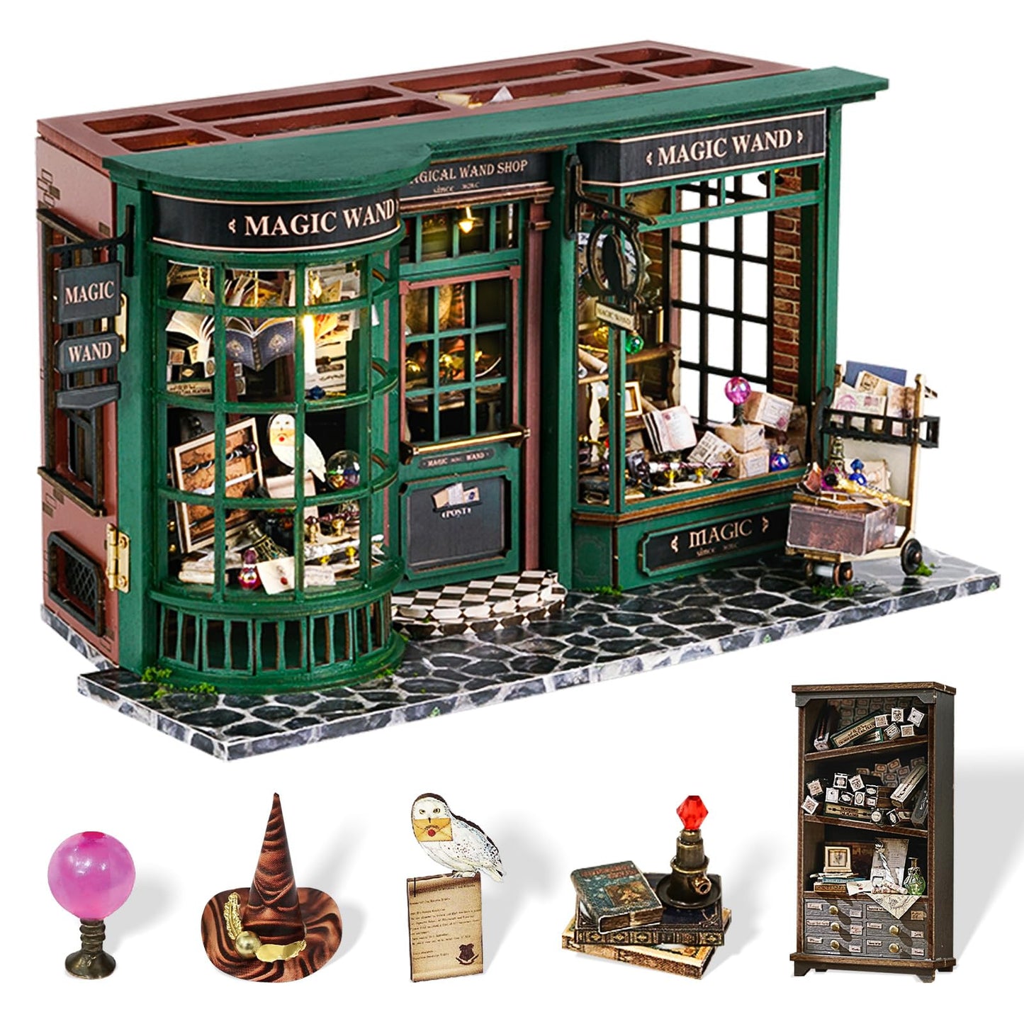 Fsolis DIY Miniature Dollhouse Kit for mature-themeds - Tiny House Mini Bookshelf Scene Kit 3D Wooden Puzzles Gifts for Women Teenagers Craft Lovers (Magic Wand)