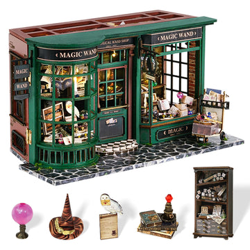 Fsolis DIY Miniature Dollhouse Kit for mature-themeds - Tiny House Mini Bookshelf Scene Kit 3D Wooden Puzzles Gifts for Women Teenagers Craft Lovers (Magic Wand)
