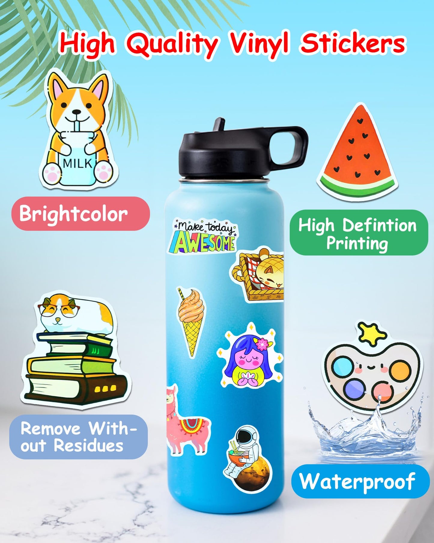 Eoaod 200Pcs Water Bottle Stickers For Kids, Cute Stickers For Water Bottles, Vinyl Waterproof Stickers Aesthetic Laptop Sticker