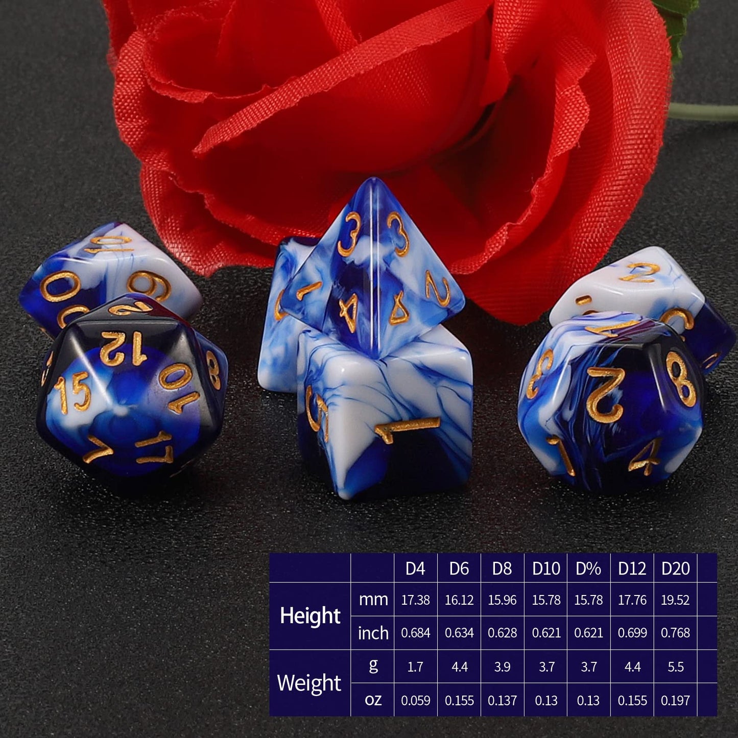 QMAY DND Dice Set - Polyhedral Dice (Blue Mix White) 7 Pcs for Dungeon and Dragons D&D RPG Role Playing Games Dice with Dice Bag