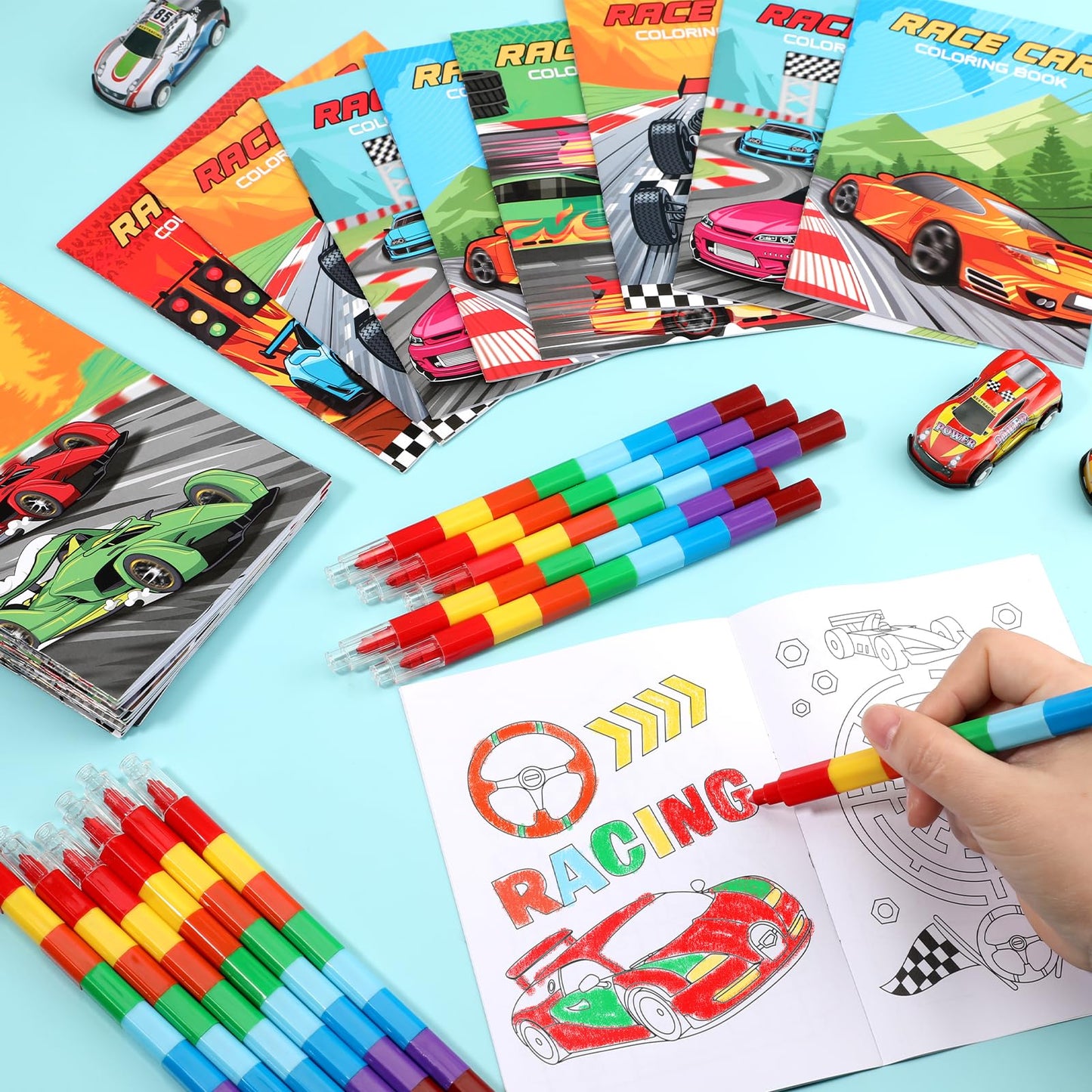 BenLouis 12 Race Car Mini Coloring Books Kids with 12 Stacking Crayons Racing Theme Party Favors Small Activity Books Bulk for K