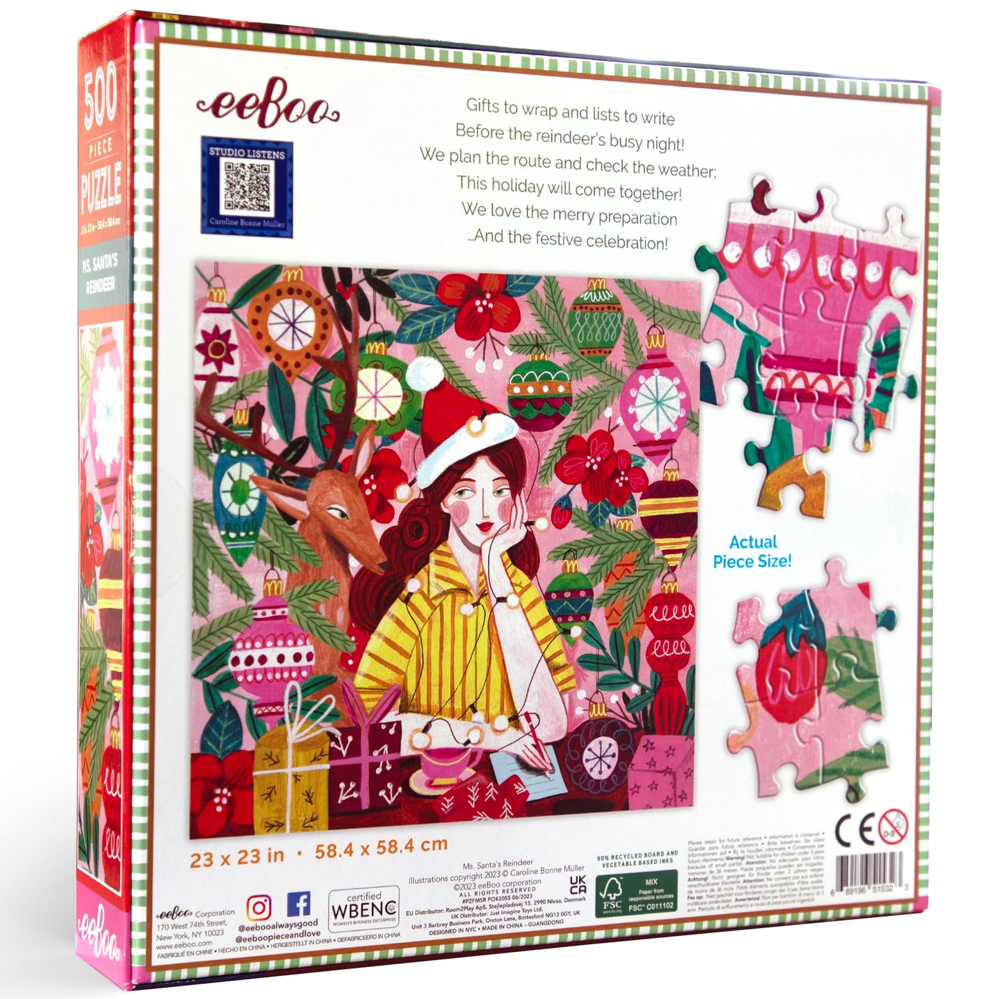 eeBoo Piece & Love: Ms. Santa's Reindeer - 500 Piece Puzzle - mature-themed Square Jigsaw  23x23  Glossy Pieces  Christmas Holiday Themed