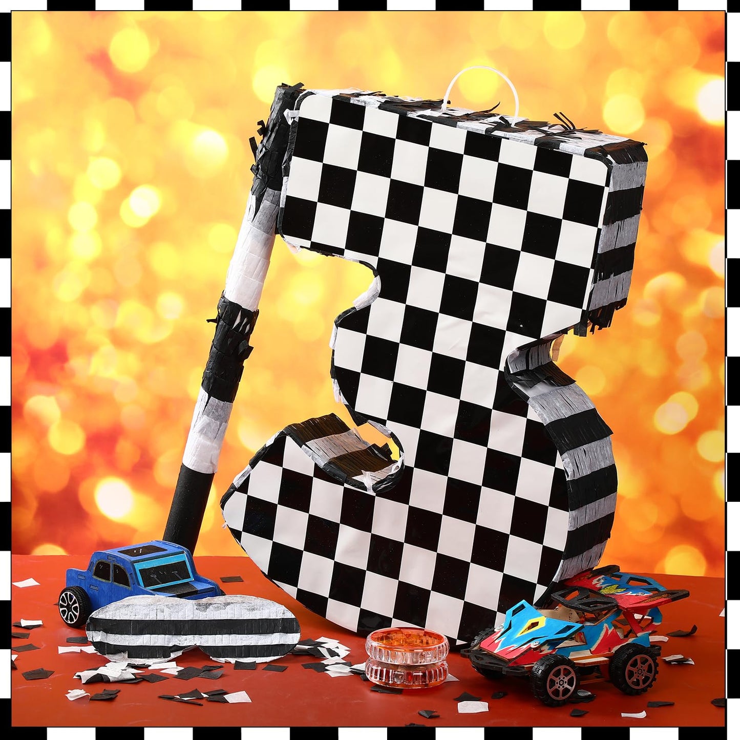 Lewtemi Race Car Number Piata Small Checkered Race Car Birthday Party Decoration Black and White Racing Piata with Stick Confett
