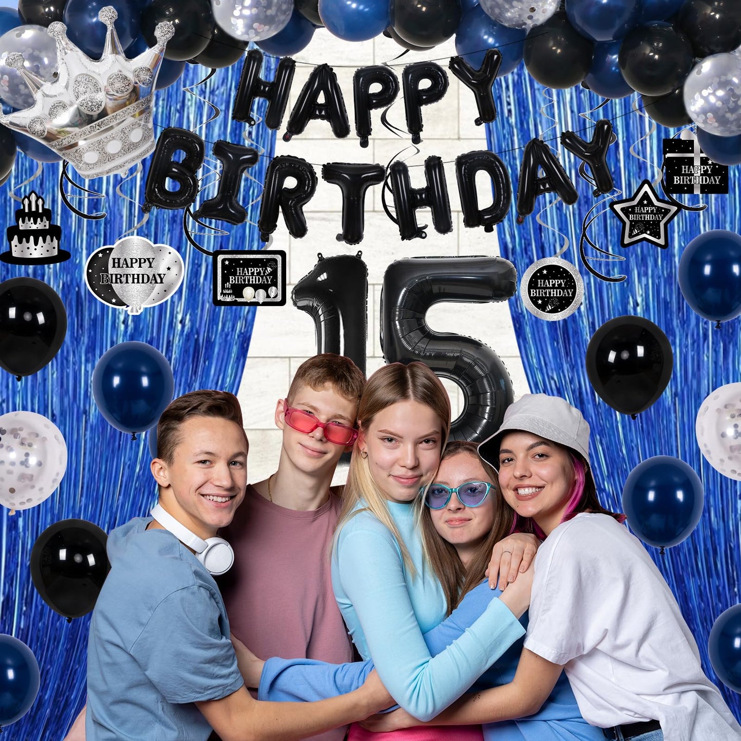 15Th Birthday Decorations For Boys, Blue Black Happy 15Th Birthday Decorations Boy 15 Year Old Birthday Balloons Banner, Tablecl