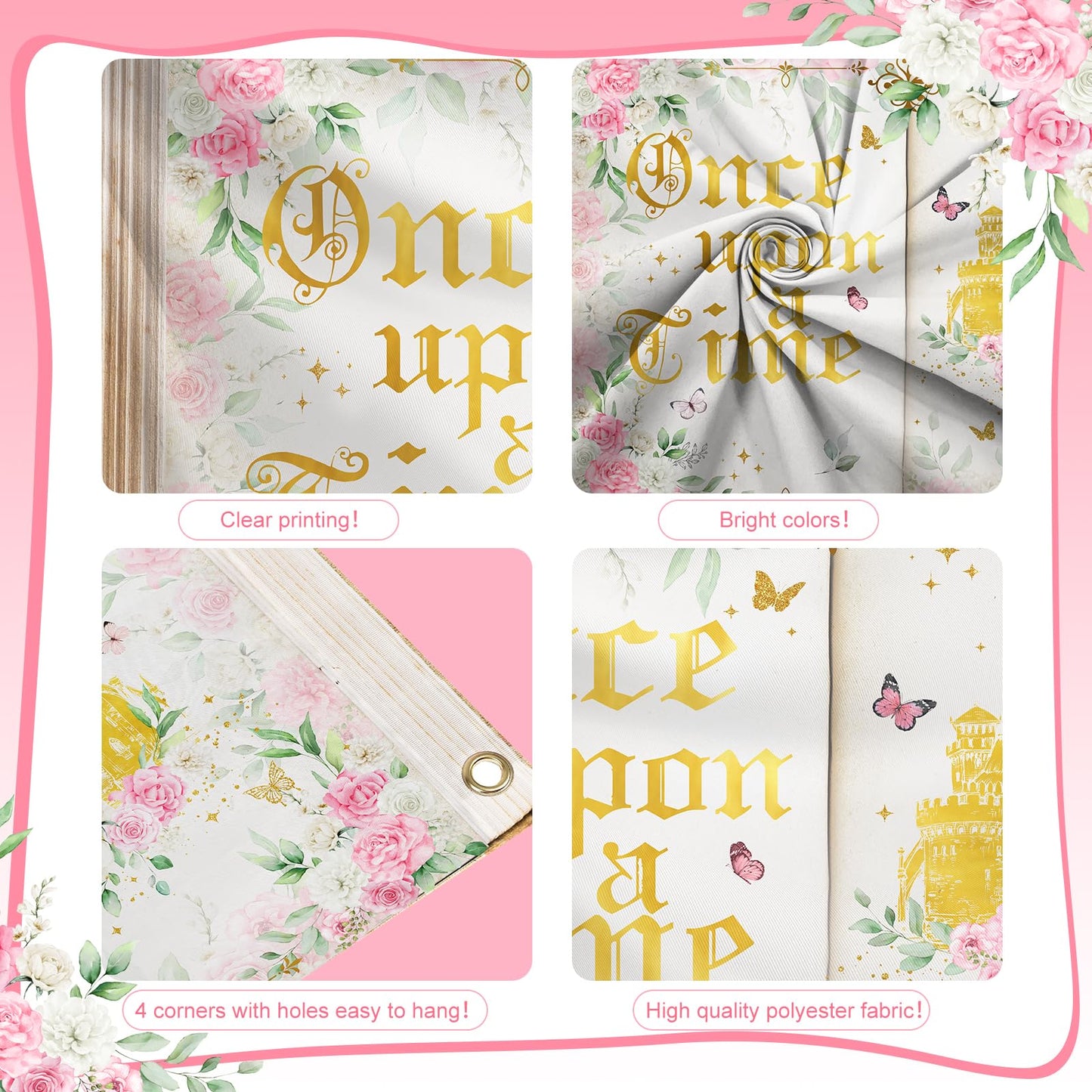 Avezano Once Upon a Time Backdrop Fairytale Book Backdrop Pink Floral Once Upon a Time Banner Ancient Castle Princess Birthday P