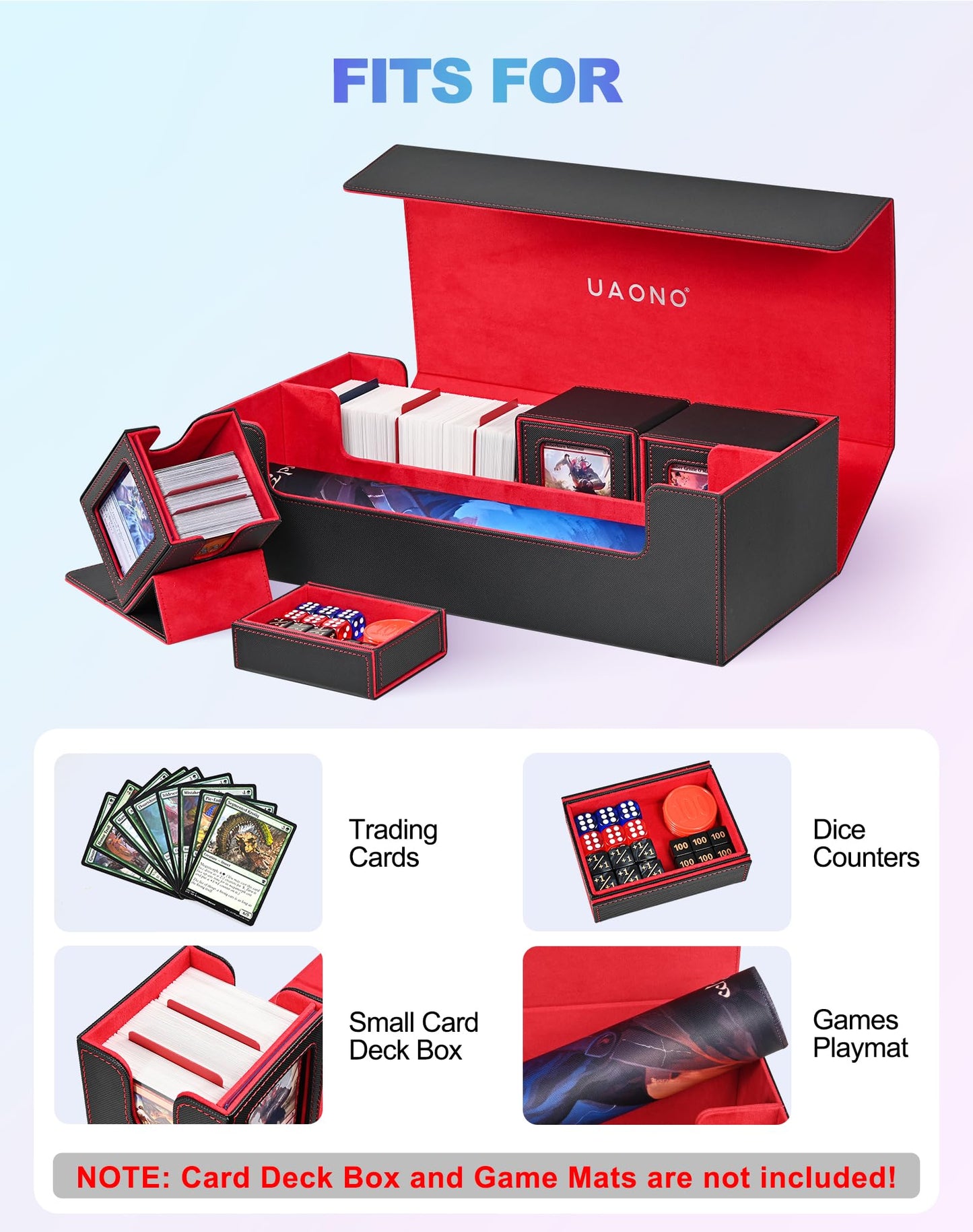 UAONO Trading Card Storage Box for MTG  Fits 7 Pcs Small Commander Deck Box  Large Card Deck Case with Dice Box for TCG PTCG Magic Sports Cards Game Playmat (Black  Red)