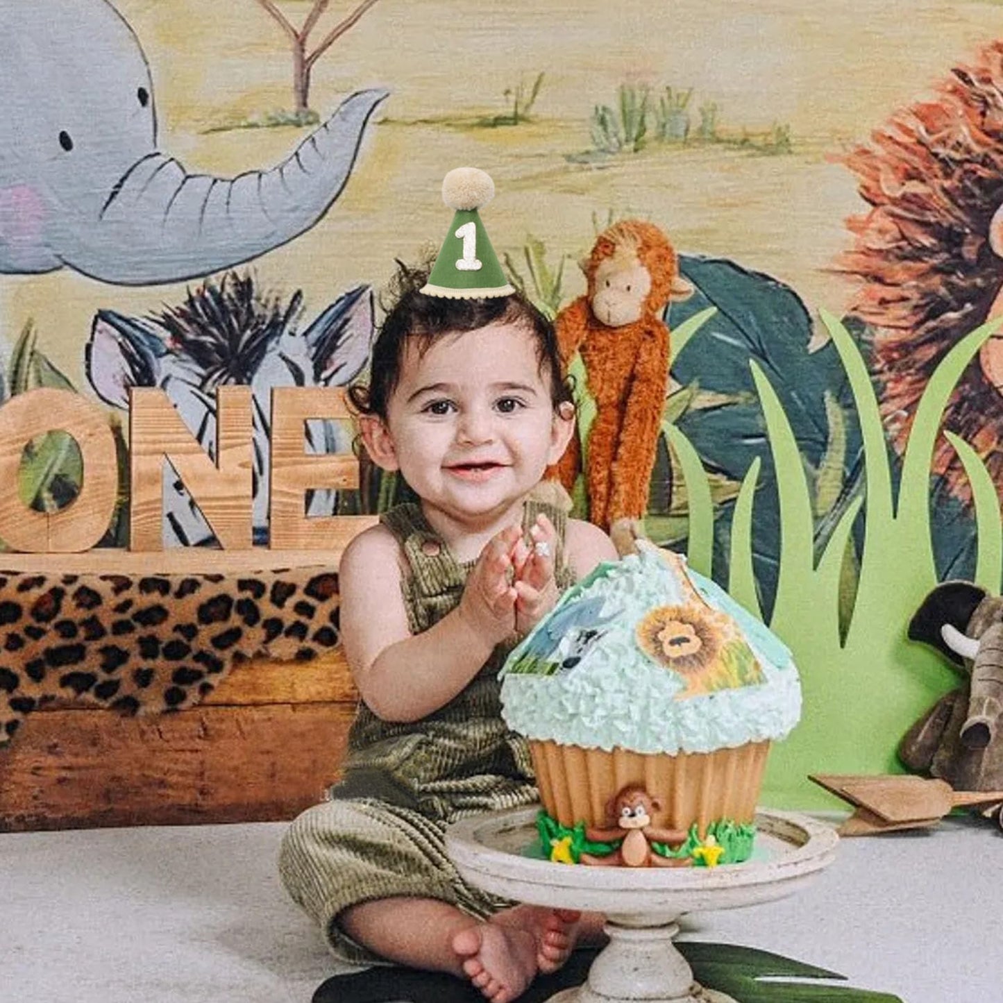 Boho 1st Birthday Hat Decorations for Baby Boys Handmade Natural Outfit First Birthday Party Hat Green