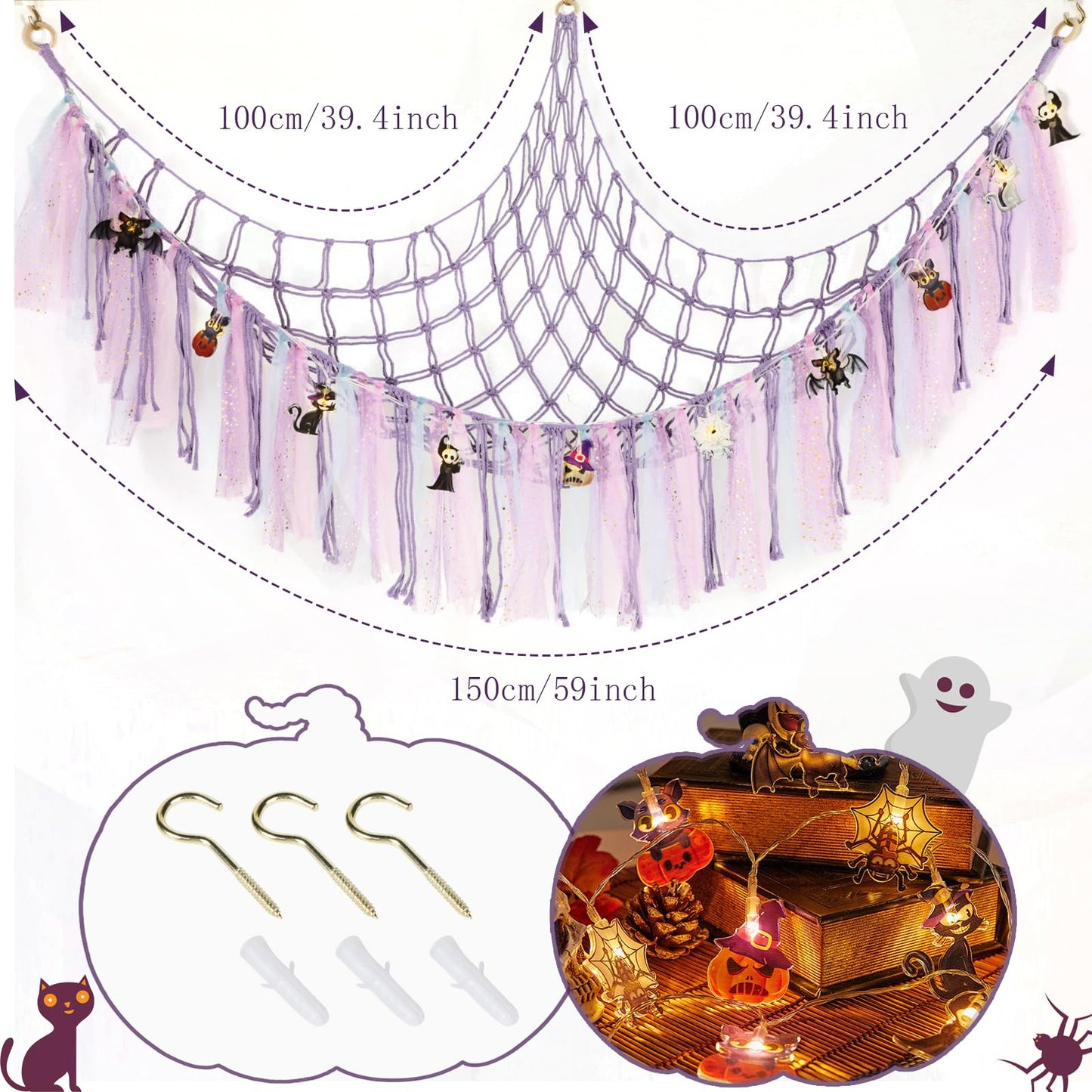 Yelienm Stuffed Animals Net Or Hammock With Halloween String Lights, 59 Inch Toy Hammock Halloween Gifts For Kids Hanging Stuffe