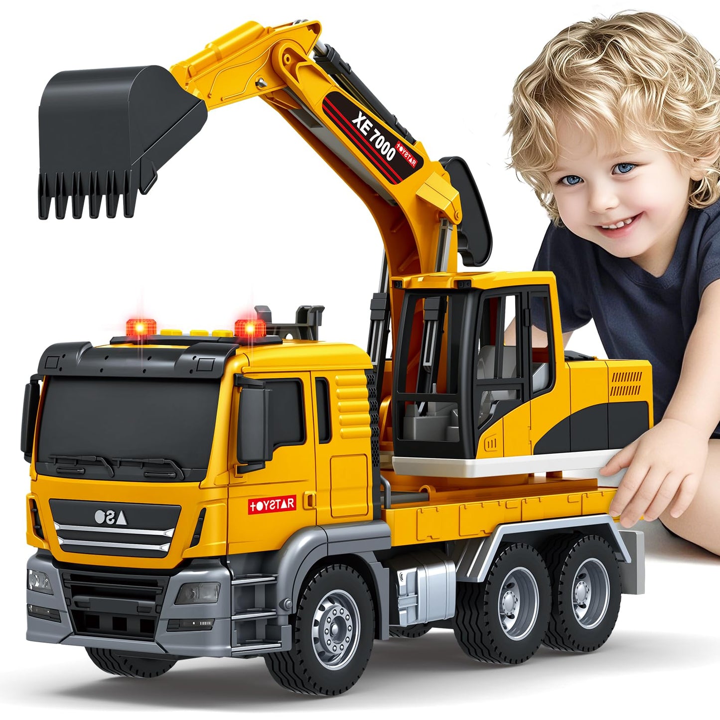 Kids Toys for 3 4 5 6 7 8 Years Old Boys, Large Excavator Truck Toy with Lights, Sounds, Toddler Friction Powered Truck Vehicle 