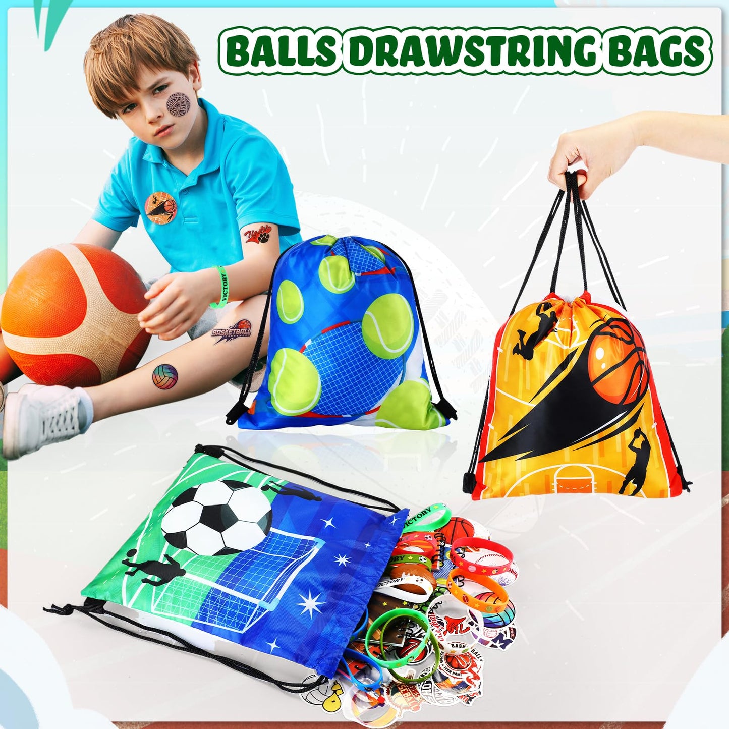 Fulmoon 140 Pcs Sports Party Favors Include Sports Drawstring Bag Mini Foam Sports Balls Bendable Pencil Sport Wristband Keychai