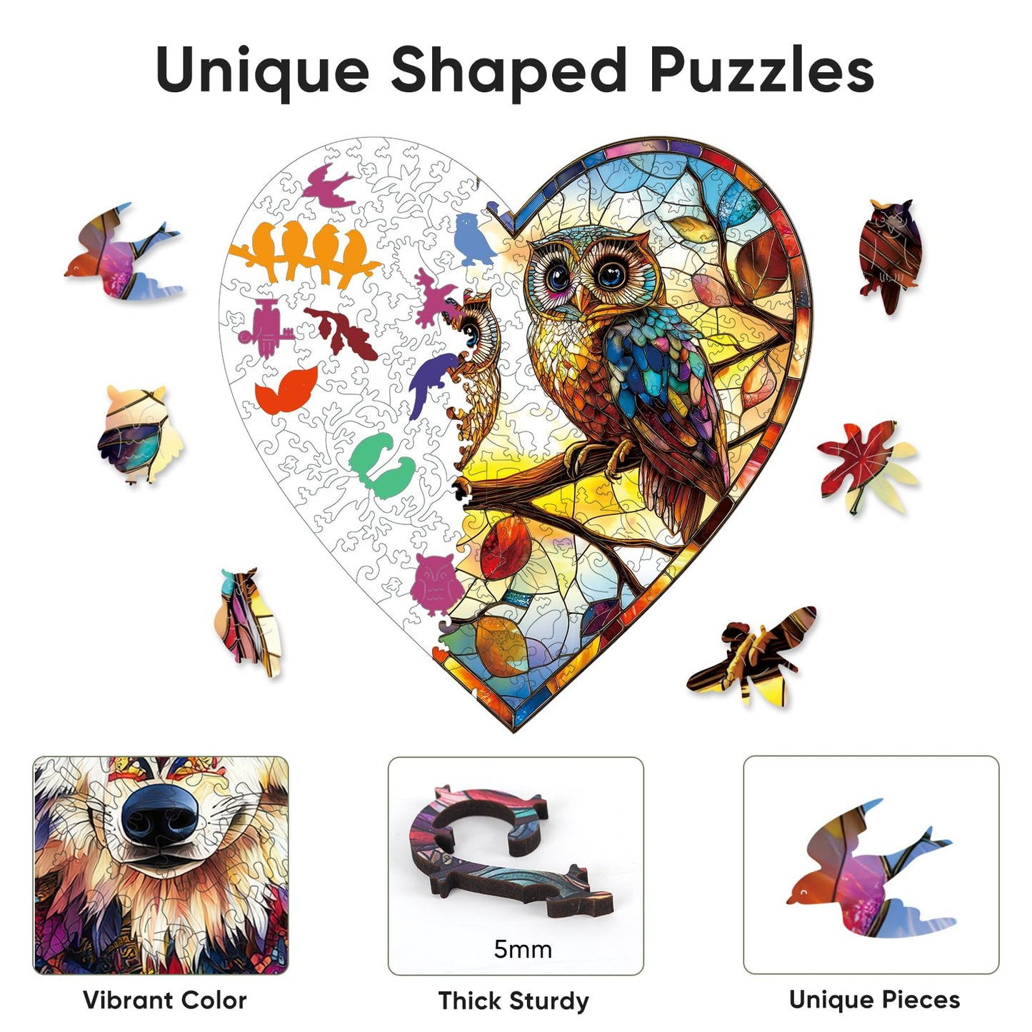 Ruikiyart Wooden Puzzles for Adults, 5MM 200 Pieces Stained Glass Owls Wood Jigsaw Heart Puzzles, Birds Unique Shape Puzzle Holi