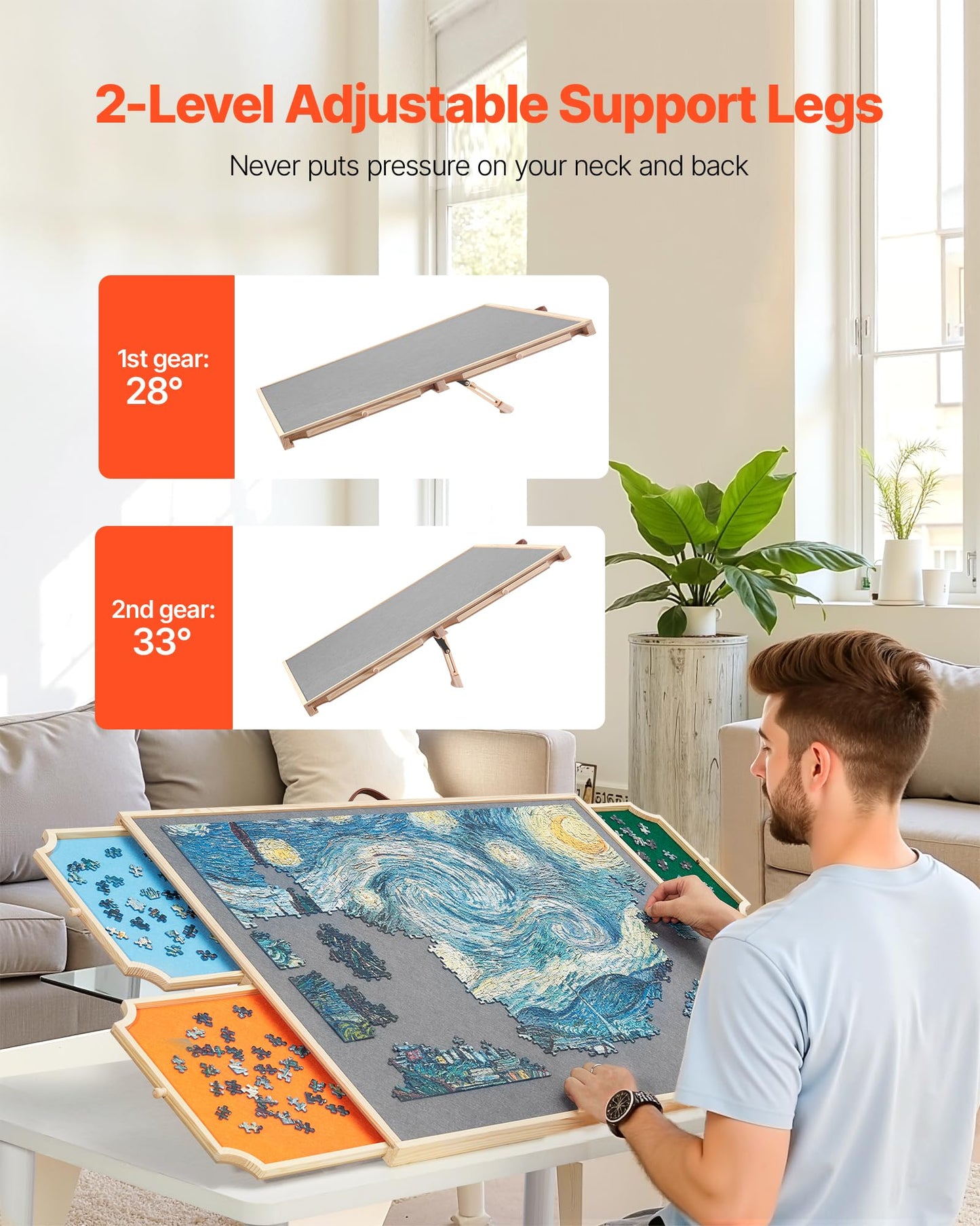 VEVOR 1500 Piece Rotating Puzzle Board with 4 Colorful Felt Drawers and Cover, 34x25 in Portable Wooden Table, Adjustable 2-Tilt