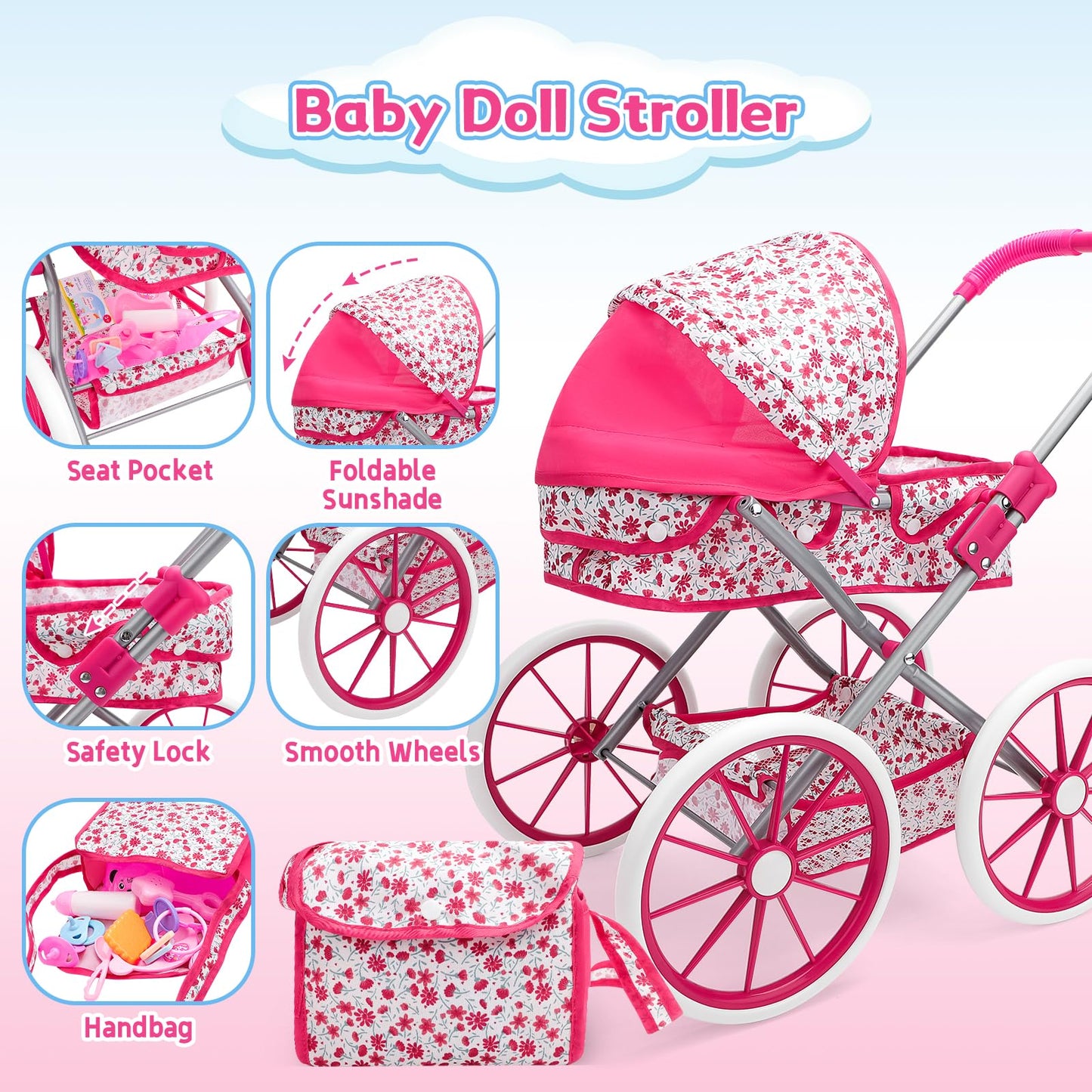 deAO Baby Doll Stroller Set High Chair Travel Diaper Bag with 12 inch Baby Doll Accessories Pretend Play Toys with Foldable Stro