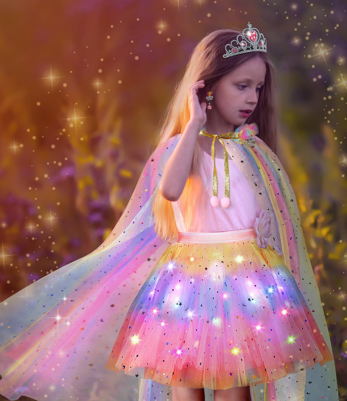 Dolnow Princess Dress Up Clothes For Little Girl, Light Up Princess Dresses Princess Cape With Crown Wand Toys For 3-6 Girls