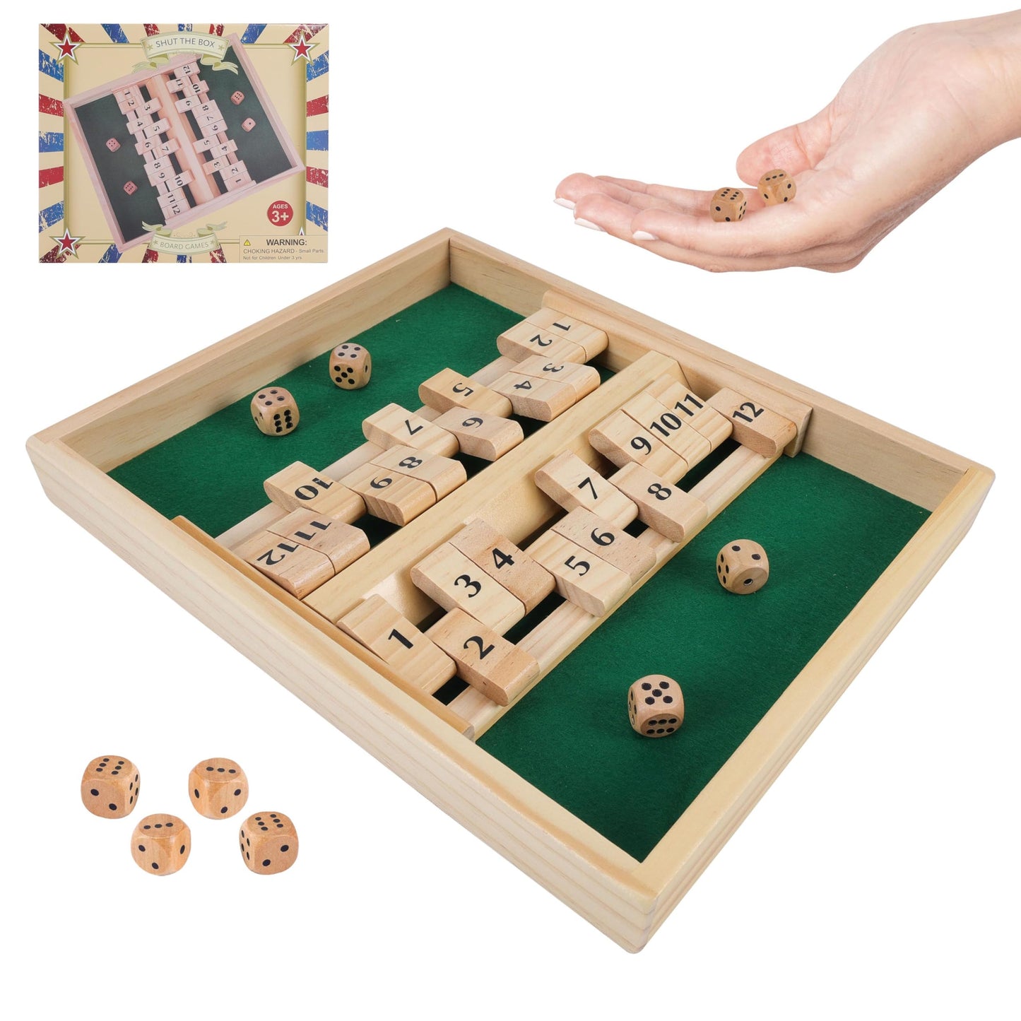 Gothink Shut The Box Dice Game - 2 Player Tabletop Version Classics Wooden Board Game With 4 Dice, Popular Pub Game, Family Stra
