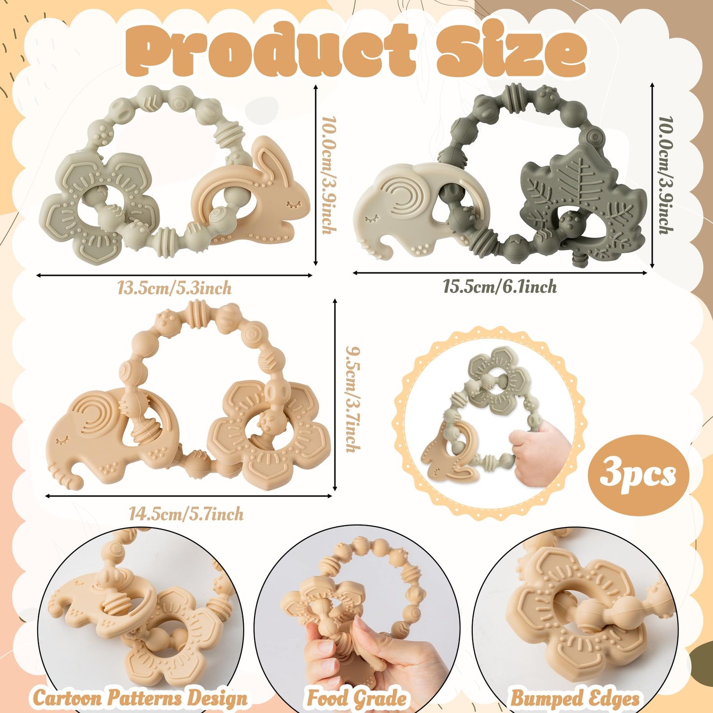 Silicone Teether Toys for Babies - 2ooya 3Pcs Animals Themed Teething Ring, Flower Leaves Baby Sensory Chew Toys with Rattles fo