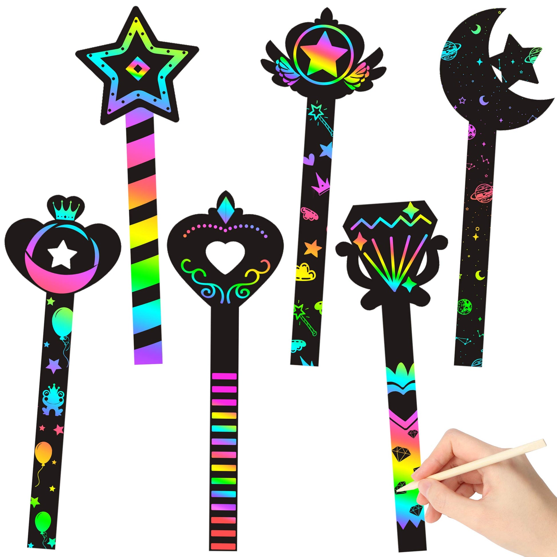 WATINC 30Pcs Fairy Stick Scratch Paper Art Set for Girls Birthday Party, Colorful DIY Craft Kit for Princess Party Favors, Fairy