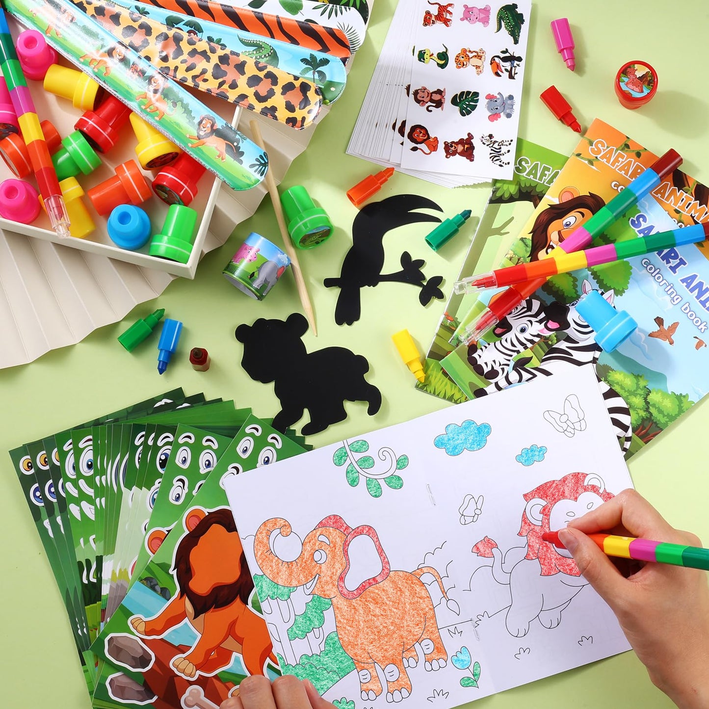 BenLouis 96Pcs Jungle Safari Party Favors Zoo Animals Coloring Books Crayons Sticker Stampers Slap Bracelets Set Bulk Classroom