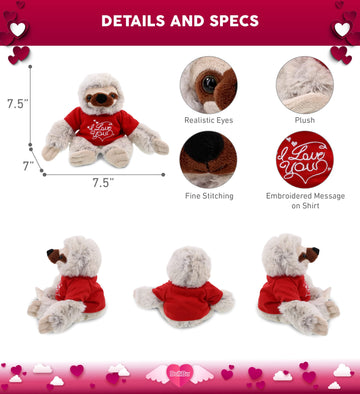 Dollibu I Love You Valentine Plush Sloth - Cute Soft Cuddly Stuffed Animal With Red Heart Shirt For Valentines Day, Birthday Pre