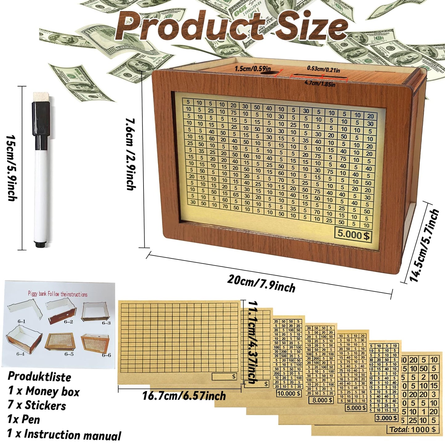 Wooden Piggy Bank Retro 5000/3000/8000/10000/1000 USD Money Savings Box for Bills and Coins Personalized Large Piggy Bank for Kid mature-themed Boy Girl Cute Money Saver with Number Tick Best Gift for Friend