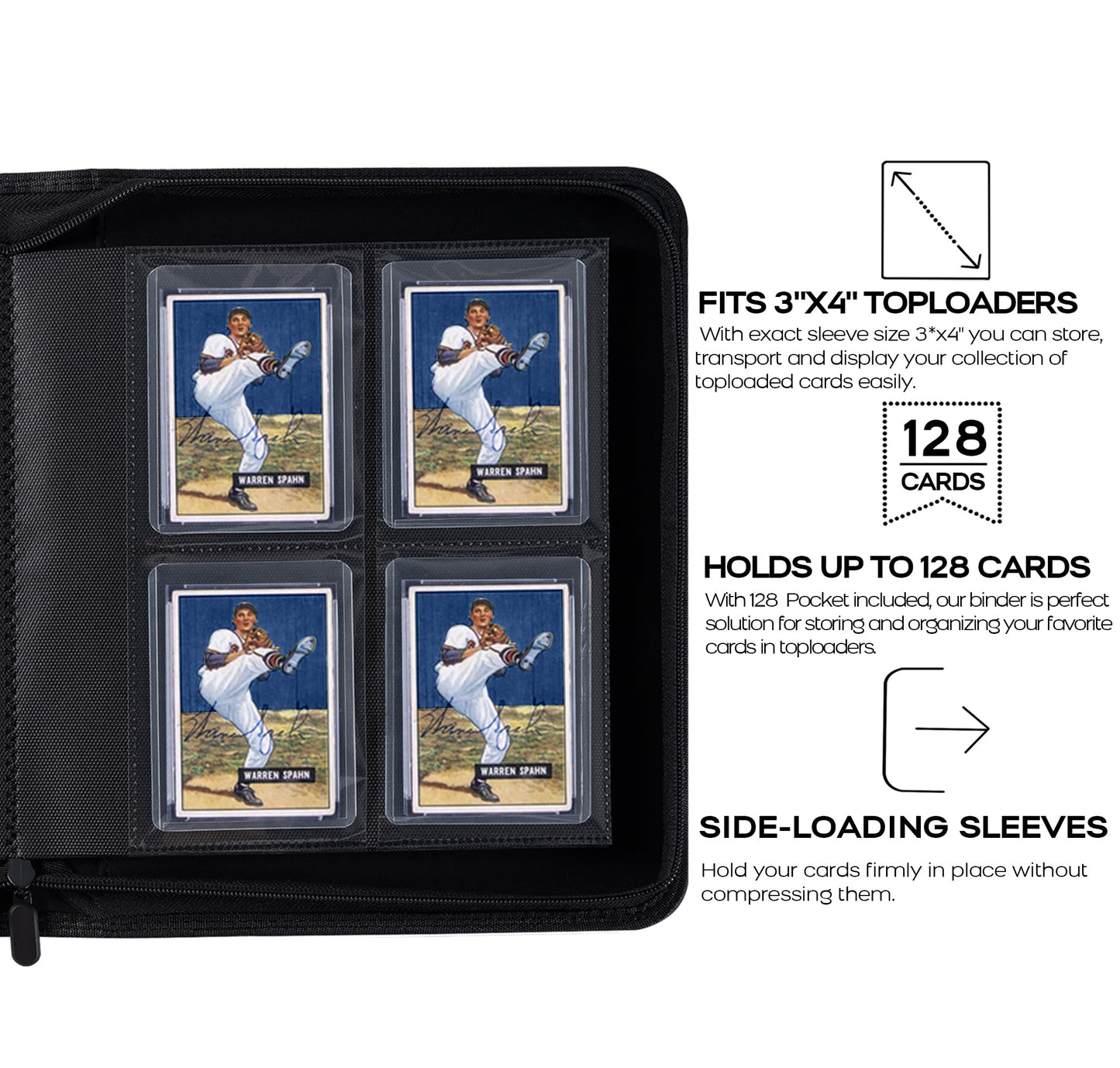 Toploader Binder  Holds 128 Top Loaders - 4 Pocket Top Loader Binder for 3 x 4 Rigid Card Holders for Trading Cards or Sports Cards  Model A - Navy Blue