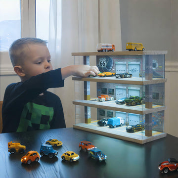 Saichotoy Hot Wheels Storage: Toy Car Parking Garage Diorama With Lights - Freestanding Display Case For 1/64 Scale Diecast Cars