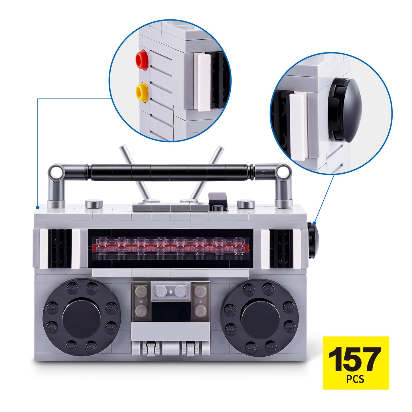 Max Build More Retro Building Bricks - Cassette Radio Model 83185D, 4.53" Plastic Set for Teens, Adults & Collectors