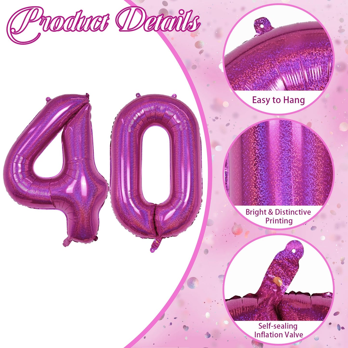 40 Balloon Laser Hot Pink, Self Inflating 40 Inch Number 40 Mylar Balloon Bright Pink Decor For Women, Foil Helium Iridescent Bi