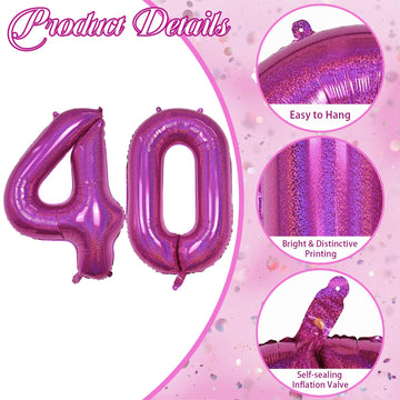 40 Balloon Laser Hot Pink, Self Inflating 40 Inch Number 40 Mylar Balloon Bright Pink Decor For Women, Foil Helium Iridescent Bi