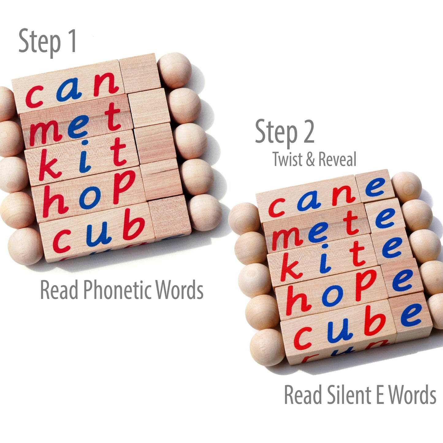 Quality Montessori Silent E Reading Blocks - Teach Magic E To Preschoolers - Sight Word Educational Early Reader Wooden Twist Toy