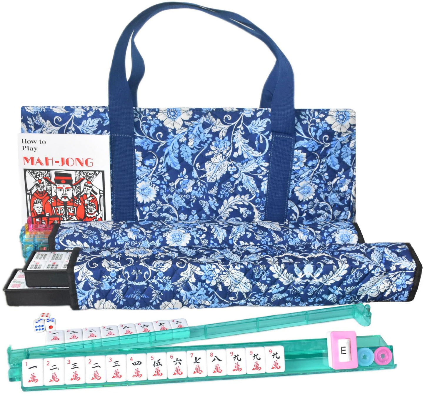 TrendyMate American Mahjong Set 166 enhanced White Tiles 4 All-in-One Mahjong Racks/Pushers Complete Western Mahjong with Soft Blue Printed Carrying Bag